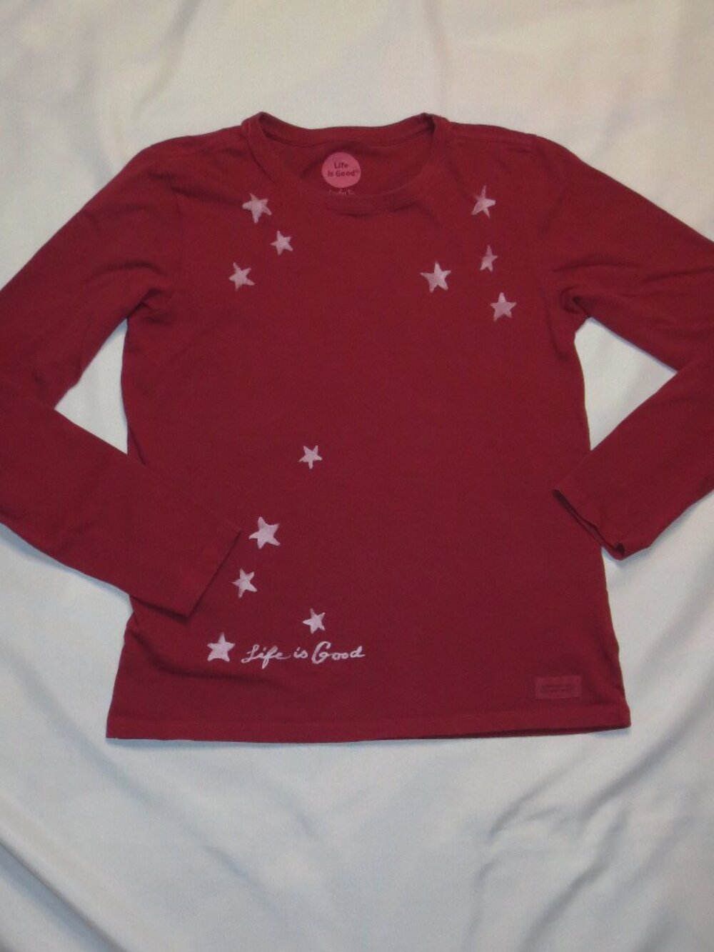 LIFE IS GOOD womens T-SHIRT maroon LONG SLEEVE crew neck STARS SIZE S